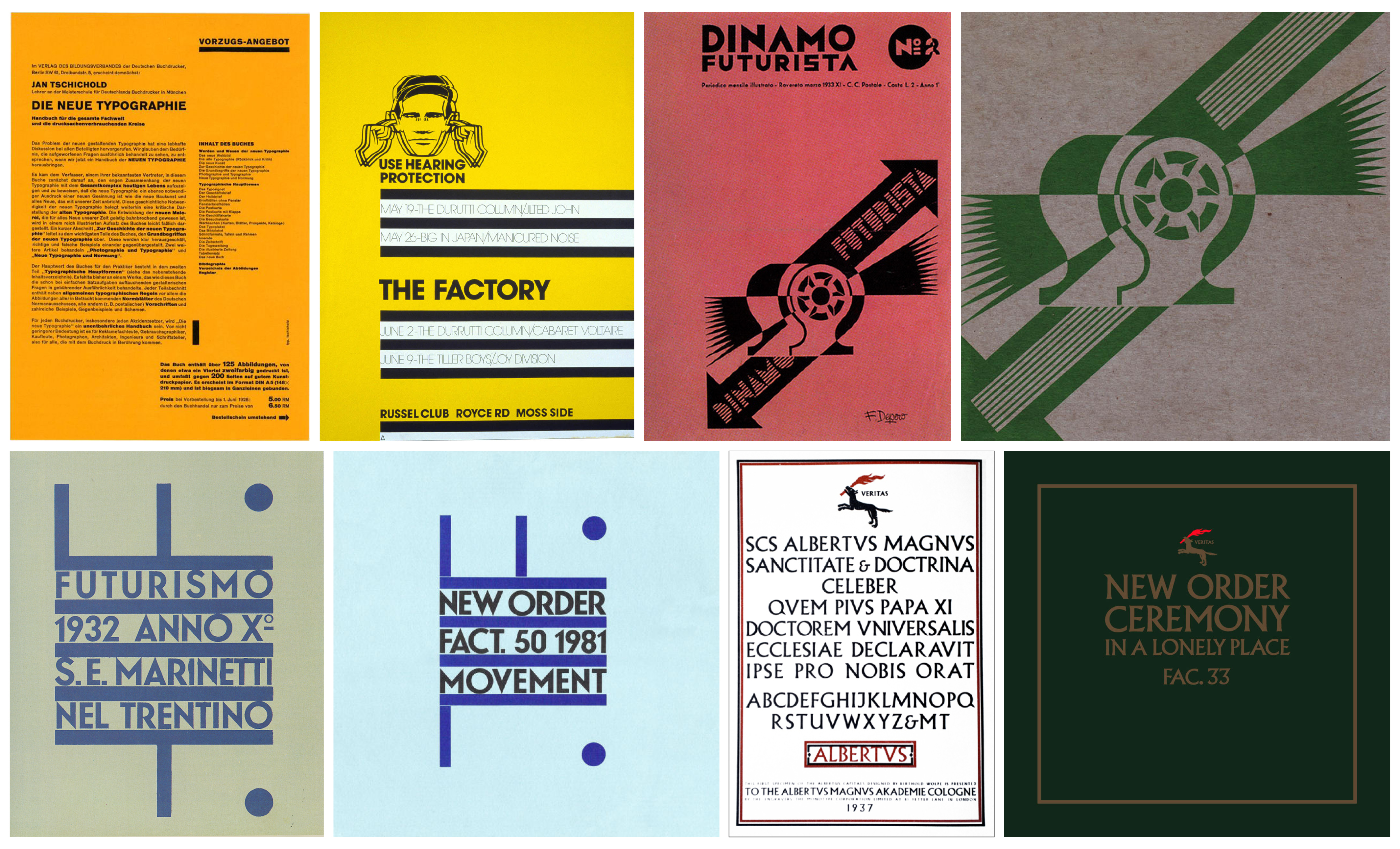 De gauche à droite et de haut en bas, les sources des citations de Saville : Jan Tschichold, Die Neue typographie, 1928. Peter Saville, FAC 1, The Factory, 1978. Fortunato Depero, Dinamo Futurista, 1933. Peter Saville, FAC 53, Procession, sep. 1981. Fortunato Depero, Futurismo, 1932. Peter Saville, FACT 50, Movement, nov. 1981. Berthold Wolpe, Albertus specimen, 1937. Peter Saville, FAC 33, Ceremony, mar. 1981.